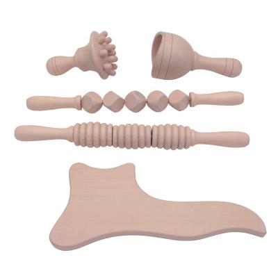 China 5 Pcs Body Wooden Pink Massage Tools Anti Cellulite Massage Roller Cubed Wooden Cup Manual Wooden Fascia Roller for sale