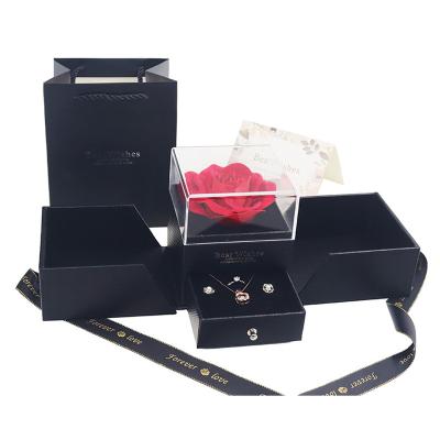 China Modern Customized Amazon Hot Sale Valentines Day Black Gifts Jewelry Display Box Preserved/Ring Earrings Necklace Jewelry Storage Case Soap Roses for sale