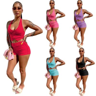 China Others Other Ladies Summer Solid Color Sexy Shorts Two Piece Pants Set Bodycon Halter Daily Tank Top Clothes 2 Piece Set Street Wear for sale