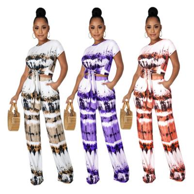 China Others 2022 Womens Other Summer Tie Dye Casual 2 Piece Outfits Short Sleeve Bandage Tops Long Wide Leg Pants Two Piece Set for sale