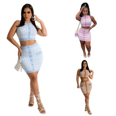 China 2022 Ladies Breathable Sexy High Waisted Mini Dress Letter Print Two Piece Skirt Tank Bandage Bandage Set Breathable Stylish Club Wear for sale