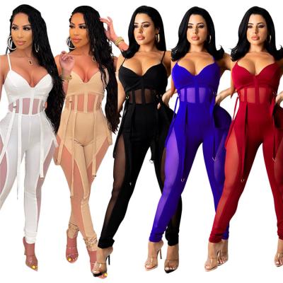 China Sleeveless Club Wear Mesh Patchwork Long Suspender Rompers Women Overall Sexy Breathable Summer for sale