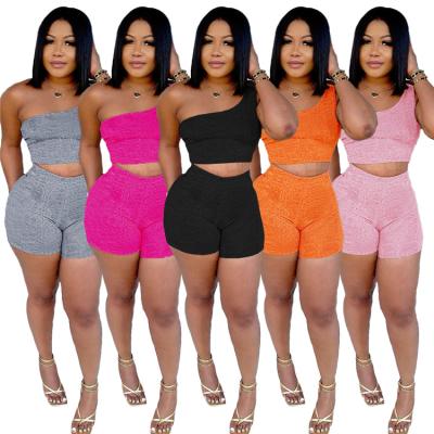 China One Shoulder Color Ladies Summer Streetwear Bodycon Solid Two-Piece Set Outfits Sexy Fashionable QUICK DRY for sale