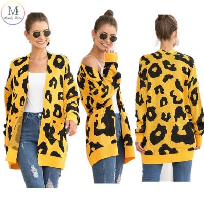 China Wholesale Anti Shrink Ladies Thick Cardigans Coat Leopard Print Loose Knitwear Autumn Winter Long Sweater Women Casual Cardigan for sale