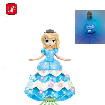 China Cartoon Toy Flashing Light Battery Princess with Music Rotating Doll Bump and Go Battery Operated Toy Doll JUGUETE for sale