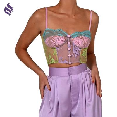 China Breathable Lace Patchwork With Ruffles Bustier Button Girls Tops Padded Zipper Striping Summer Camis Corset Party Top Wear for sale