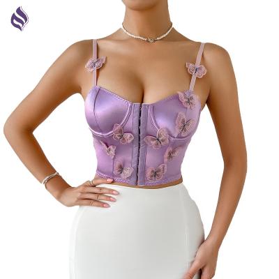 China New Women Summer Anti-pilling Butterfly Embroidery Fashion Party Girl Sexy Crop Corset Tops for sale