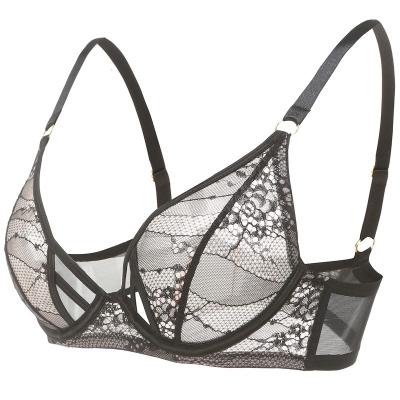 China 3/4 Cup Sheer Lace Floral Strappy Mesh Plunge Bra Non-Padded Unlined Sexy Lingerie Women Underwear See Through Lace Triangle Bra for sale