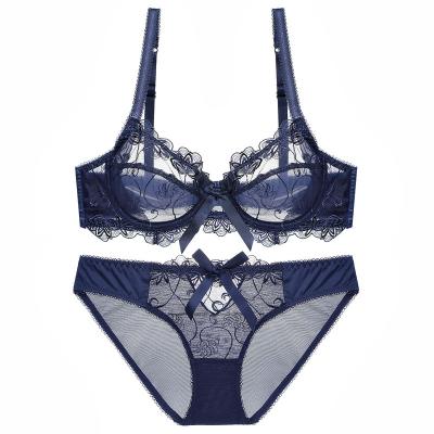 China Full size ultra-thin plus ultra-thin lace sexy mesh lingerie foreign trade style transparent popular bra set for sale