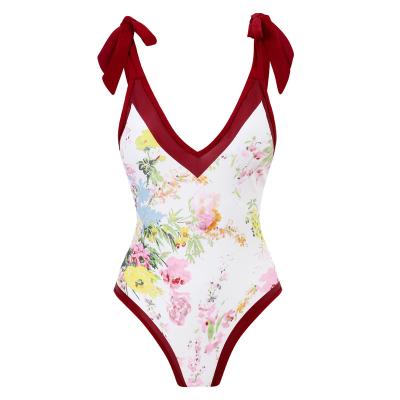 China 2023 Swimwear Bowknot Tie-Shoulder Antibacterial One Piece Swimwear For Women Self Tie Tie Floral V-Neckline OEM Service Adults for sale