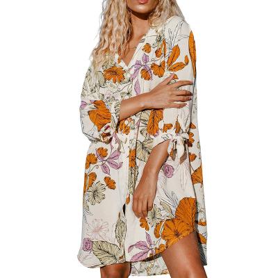 China Plus Size 2023 New Women Floral Shirt Dress Cover Up Beach Dress 3/4 Sleeve Button Down Midi Length Dress for sale