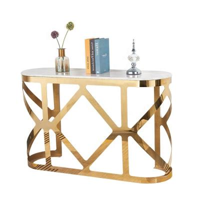 China Modern Gold Stainless Steel Hall Tables Home Furniture Glass Console Table Art Design Modern Simple Style Or Mrble Tops for sale