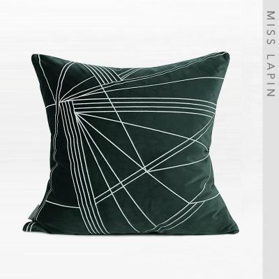 China Interior Design Sofa Decor Pillow Case Interlaced Embroidered Lines Embroidered Gray Green Velvet Cushion Cover Decorative for sale