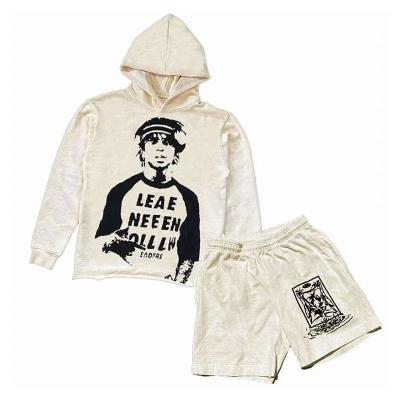 China Breathable French Terry Cotton Pullover Cut And Sew Edge Hoodie Set, Custom Raw Edge Cropped Hoodie, Shorts and Hoodie Set for sale