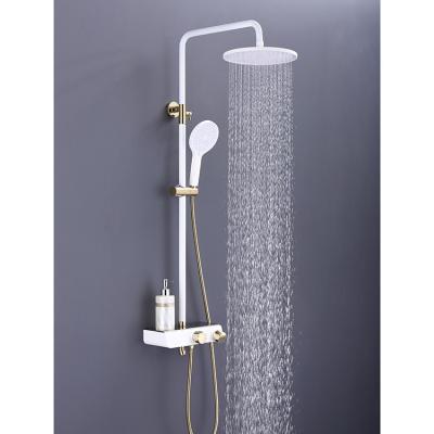 China With Sliding Bar New Design Wall Modern Bathroom Wall Mount Shower Set Mixer With Bath Shelf Rack for sale