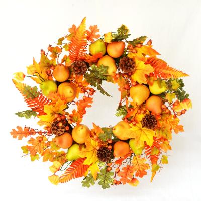 China Autumn Harvest Style Pumpkin Wreath 60cm Idyllic Style Fall Maple Leaf Warm Garland for Fall Receiving Season for sale