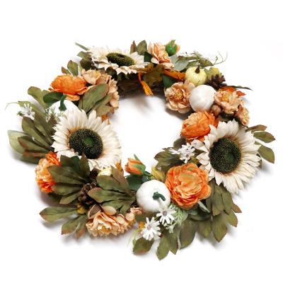 China Idyllic Autumn Wreath Pumpkins Maple Leaf Sunflower Wreath Thanksgiving Wreath For Front Door Decoration Artificial Flower Idyllic Autumn Harvest Style for sale