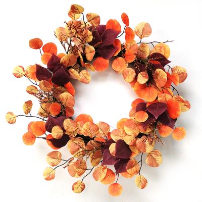 China 53cm Idyllic Idyllic Thanksgiving Style Artificial Wreath Fall Style Fall Garland Artificial Wreath Made of Silver Eucalyptus Leaves and Red Ginkgo Leaves for sale