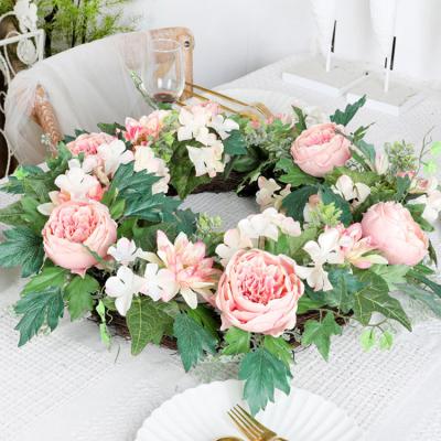 China Beautiful Style Factory Customized Vine Ring Door Hanging Garland Champagne Peony Hydrangea Series Simulation Peony Rose Style Spring for sale