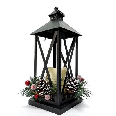 China European Christmas Style Artificial Flowers Metal Lantern and Battery Flickering Decorative Flame Led Candle Light Christmas Candle for sale