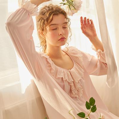 China Women's Nightgown Princess Nighty Lace Homewear Cotton Long Sleeve Retro Style Loose Dress Sleepwear Summer Long Sleeve for sale