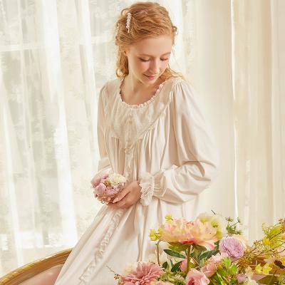 China Hot Sale Loose Version Spring Long Sleeve Nightgown Lace Up Lovely Princess Night Dress Long Loose Knitted Cotton Homewear Women Nightgown for sale