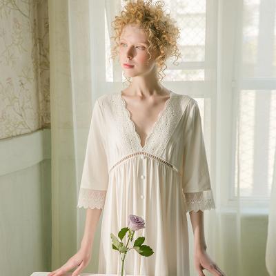 China Long Sleeve Loose V-Neck Nightgown Lace Nightgown Summer Version Solid Color Knitted Homewear Cotton Women Night Dress for sale