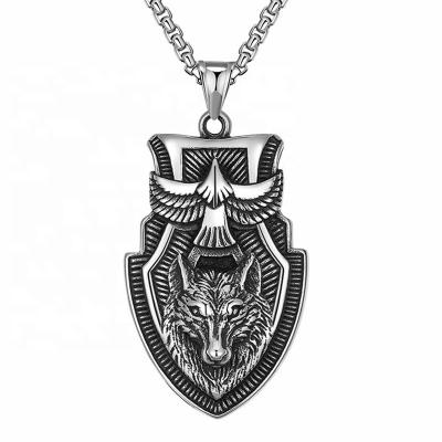 China Vintage Unique Eagle Shield Pendant Necklace Stainless Steel Men's Retro Wolf Necklace Animal Necklace for sale