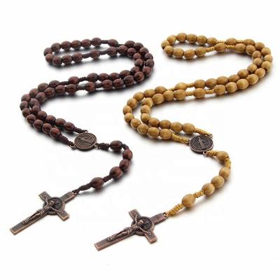 China Christian Christian Rosary Necklace Vintage Wood bead Jesus Cross Necklace for sale