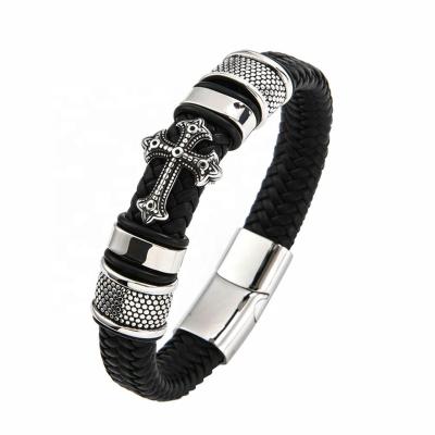 China Trendy Fashion Mens Braided Leather Bracelet Clasp Bangle Vintage Stainless Steel Magnetic Cross Bracelet for sale