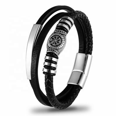 China Vintage Black Leather Bracelet 21CM Viking Runes Beads Stainless Steel Three Layer Bracelet Men's Bracelet for sale