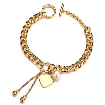 China New Trendy Fashion OT Clasp Bracelet Women Gold Plated Stainless Steel Bangle Charm Bead Heart Bracelet for sale