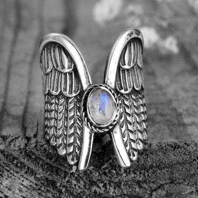 China Ring Angel Wings Moonstone Ring Men's TRENDY Ring Thai Silver Feather European and American Vintage for sale