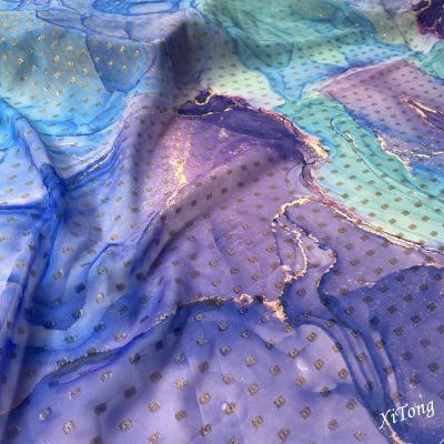 China wholesale 100% polyester woven fabric metallic printing metallic dot chiffon fabric with lurex for fashion ladies clothes for sale