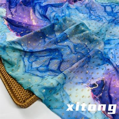 China wholesale 100% polyester woven fabric metallic printing metallic dot chiffon fabric with lurex for fashion ladies clothes for sale