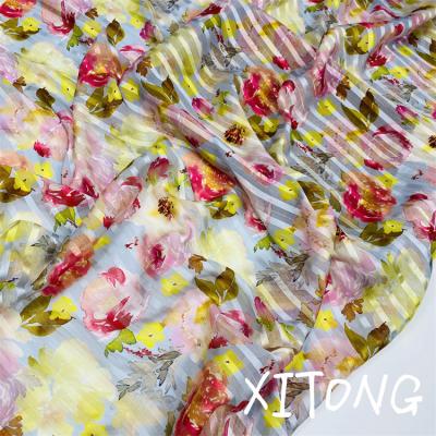 China XITONG TEXTILE CLOTHING FABRIC SUPPLIER 100 POLYESTER fashion lurex chiffon metallic fabrics WHOLESALE with stripe for dress for sale