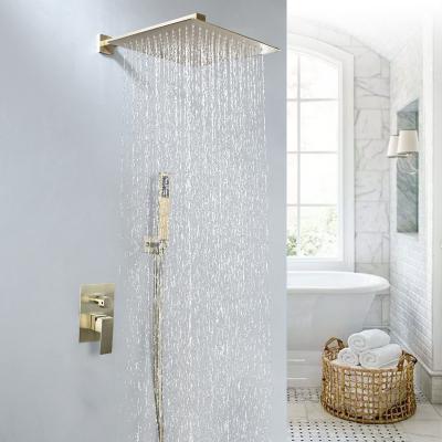 China With Sliding Bar 304 Stainless Steel Gold Brushed Shower Bathroom Shower Hot And Cold Mixer In Wall Mounted Concealed Rain Shower Set for sale