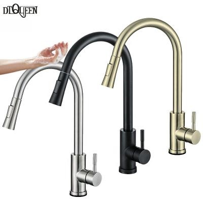 China Factory 304 sense faucets wholese stainless steel body brushed touchless pull out sensor kitchen faucet with sprayer for sale