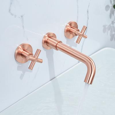 China Metered Faucets Wall Mount Brass 3 Hole Faucet Chrome Bathroom Faucet Basin Mixer Tap for sale