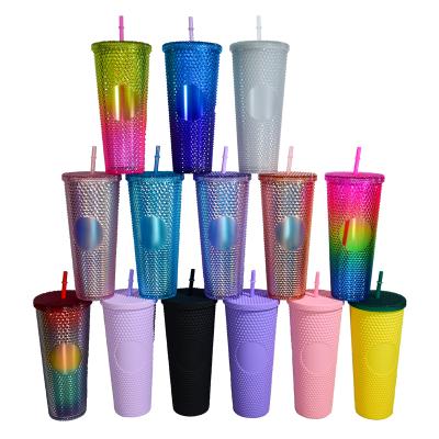 China Wholesale 24oz Double Wall Matte Plastic Studded Tumbler Grid Collection Viable Mug With Lid Straw Durian Cup for sale