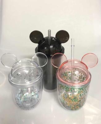 China Alice 350ml Acrylic Cat Ear Cup Double Wall Tumbler Plastic Viable Mouse Wall Double Tumbler With Straw for sale