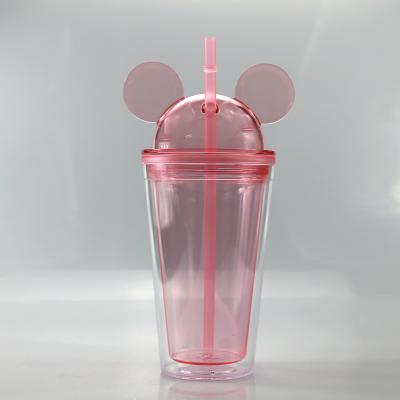 China Stocked 450ml 8 Colors Minnie Mouse Acrylic Plastic Tumbler Hotsale Ear Tumbler With Lid And Straw for sale