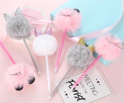 China office & School Pen Easter Festival Gift Pen Pom Pom Bunny Cat Fluffy Gel Pen for sale