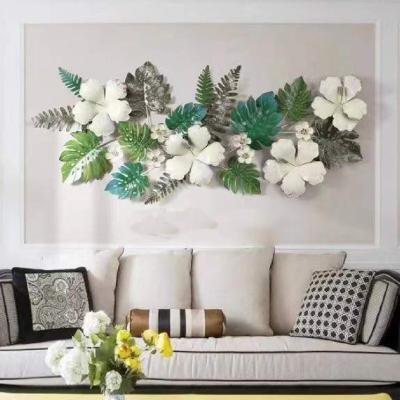 China Contemporary 3d Green Leaves And White Flower Home Background Wrought Iron Wall Decor Metal Home Decor Luxury for sale