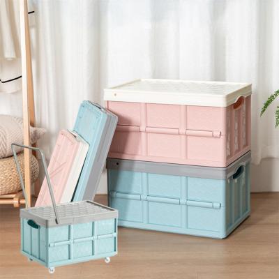 China Multifunctional Durable Wholesale Storage Logistics Box Handle Plastic Folding Folding Wheels 30L 55L for sale