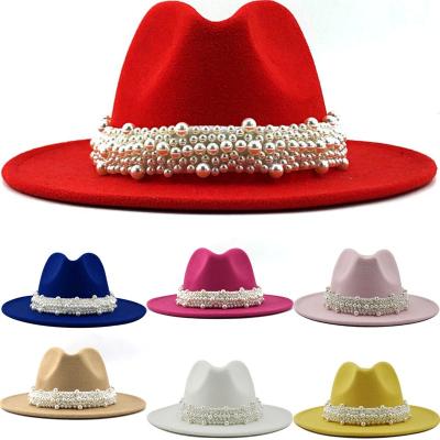 China Easy To Install And Remove Stylish Jazz Fedora Hat Fashion With Pearl Solid Color High Quality Fedora Hats for sale