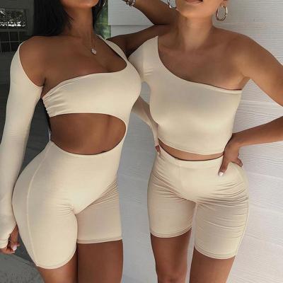 China 2021 New Fashion One Shoulder Solid Two Piece Set Women Fashion Casual Fitness Tracksuit Female Slim Stretch Shorts Set for sale