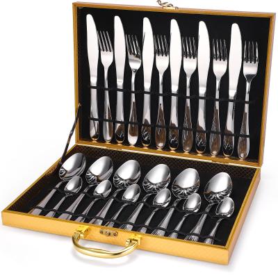 China Hot Selling Disposable Amazon Knife Fork Spoon Set Gold Flatware Stainless Steel Stainless Steel Flatware Set 24 Pcs Cutlery Set With Box for sale