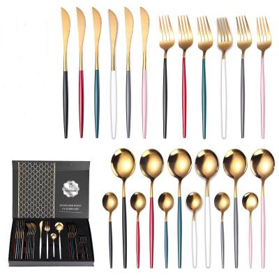 China Amazon Disposable 304 Stainless Steel Fork Spoon Knife Cutlery Set 24pcs Gold Plated Flatware With Gift Box Metal Dinnerware Set for sale