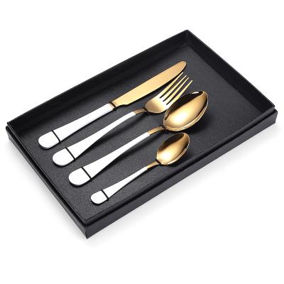 China Titanium Disposable 4pcs PVD Gold Plated Stainless Steel Cutlery Set Manufacturers Portugal Flatware Set With Gift Box for sale